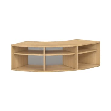 Eckregal aus hellem Holz mit drei offenen Regalböden und mehreren Fächern, das sich in eine Ecke einfügt. Die Rückseite ist offen, die Oberflächen sind glatt und kantig.