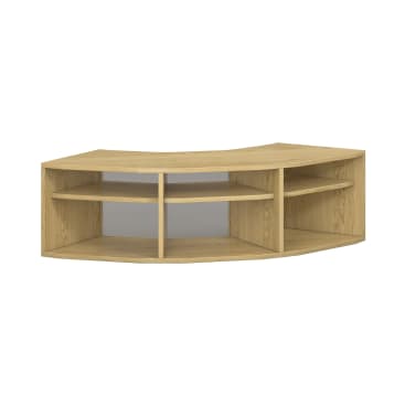Ein Eckregal aus Holz mit natürlicher Oberfläche, vier offenen Fächern und einer flachen Ablagefläche. Die Fächer sind durch vertikale und horizontale Platten unterteilt.