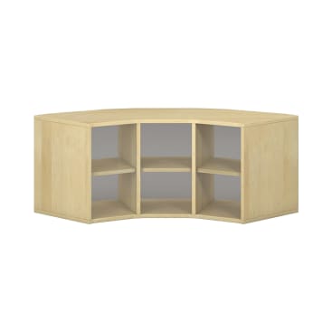 Ein Eckregal aus hellem Holz mit drei offenen Frontelementen, die jeweils zwei Einlegeböden enthalten. Das Design ist eckig und soll in einen Eckraum passen.