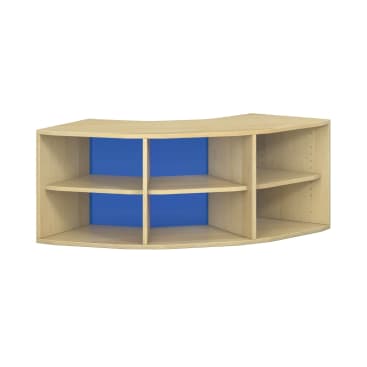 Ein Eckregal aus Holz mit blauer Rückwand und zwei Regalböden, die in vier dreieckige Fächer unterteilt sind. Das Regal steht vor einem weißen Hintergrund.