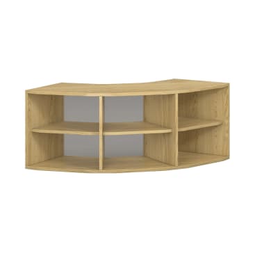Ein Eckregal aus Holz mit sechs offenen Fächern, die in zwei Etagen angeordnet sind, mit einer natürlichen Holzoberfläche und verstellbaren Einlegeböden.