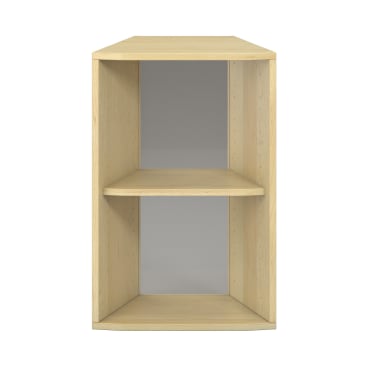 Ein Eckregal aus Holz mit zwei offenen Fächern und einer natürlichen Holzoberfläche, direkt von vorne vor einem schlichten Hintergrund fotografiert.