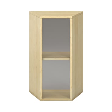 Ein Eckregal aus hellem Holz mit offener Front, einem Innenboden und einer fünfeckigen Form, die in eine Ecke passt.