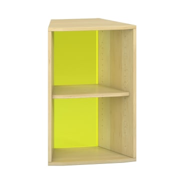 Ein Eckregal aus Holz mit gelber Rückwand, zwei Einlegeböden und offener Vorderseite, fotografiert vor einem weißen Hintergrund.