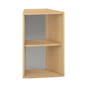 Ein Eckregal aus Holz mit zwei offenen Fächern und einer hellen Holzoberfläche vor einem schlichten weißen Hintergrund.