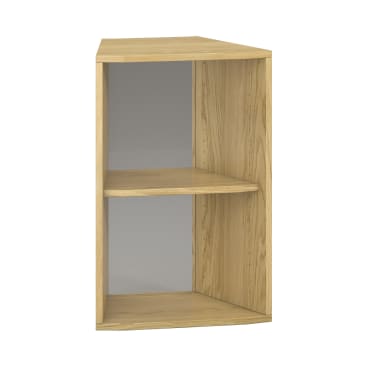 Ein Eckregal aus Holz mit zwei Einlegeböden und einer offenen Front, das in eine Ecke passt. Das Holz hat eine helle, natürliche Oberfläche und die Struktur ist einfach mit klaren Linien.