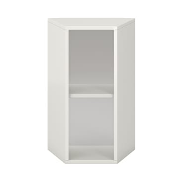 Ein weißes, sechseckiges Eckregal mit zwei offenen Fächern und einem minimalistischen Design, fotografiert vor einem schlichten weißen Hintergrund.