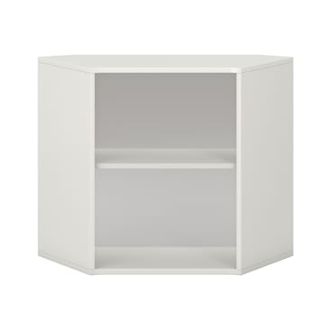 Ein weißes, offenes Eckregal mit einem verstellbaren Fachboden und ohne Türen, das in eine Ecke passt. Das Regal hat ein einfaches, modernes Design und eine matte Oberfläche.