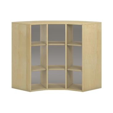 Ein Eckregal aus hellem Holz mit neun offenen Regalfächern, die so abgewinkelt sind, dass sie gut in eine Ecke passen, dargestellt vor einem schlichten weißen Hintergrund.