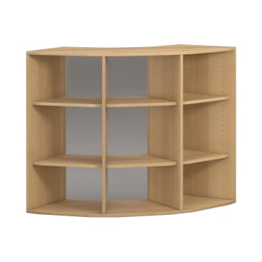 Ein Eckregal aus hellem Holz mit acht offenen, rechteckigen Fächern und drei Einlegeböden, das in einer Ecke Platz findet.