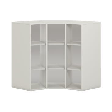 Weißer, fünfteiliger, offener Eckschrank mit verstellbaren Einlegeböden, abgebildet vor einem schlichten weißen Hintergrund. Der Schrank hat ein modernes, kantiges Design, das sich in eine Ecke einfügt.
