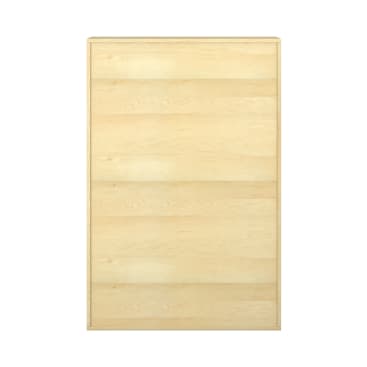 Ein Holzschrank mit einer hellen, natürlichen Oberfläche und einer flachen Vorderseite, der geschlossen und nach vorne gerichtet vor einem weißen Hintergrund gezeigt wird. Die Maserung des Holzes ist sichtbar, und es gibt keine sichtbaren Griffe oder Verzierungen.