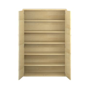 Ein hoher, heller Holzschrank mit fünf Einlegeböden und zwei offenen Türen, leer vor einem weißen Hintergrund.