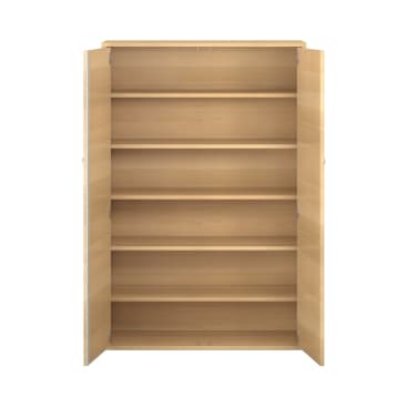 Ein hölzerner Schrank mit zwei offenen Türen, die sechs gleichmäßig verteilte, leere Fächer vor einem schlichten weißen Hintergrund zeigen.
