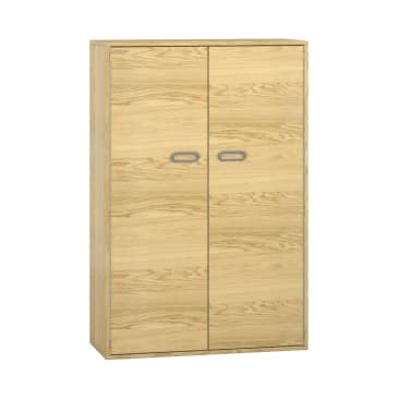 Heller Holzschrank mit zwei Türen und silbernen Griffen, abgebildet auf weißem Hintergrund. Der Schrank hat ein einfaches, rechteckiges Design und ein sichtbares Holzmaserungsmuster.