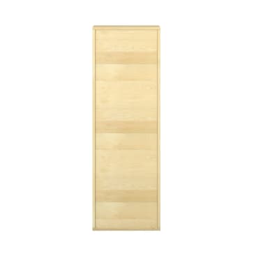 Vorderansicht eines hohen, rechteckigen Holzschranks mit heller, natürlicher Lackierung und horizontalen Paneel-Details. Der Schrank ist geschlossen und wurde vor einem weißen Hintergrund fotografiert.