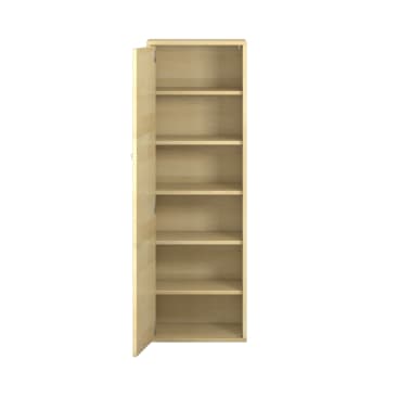 Ein hohes Bücherregal aus hellem Holz mit sechs Einlegeböden und einer einzigen, teilweise geöffneten Tür, von vorne gesehen vor einem schlichten weißen Hintergrund.