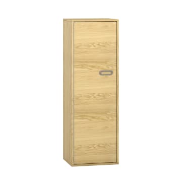 Ein hoher, rechteckiger Holzschrank mit einer einzigen Tür und einem silbernen Griff, der vor einem weißen Hintergrund abgebildet ist. Der Schrank hat eine helle Holzoberfläche.