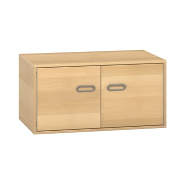 Rechteckiger Aufbewahrungsschrank aus hellem Holz mit zwei Vordertüren, die jeweils mit einem horizontalen ovalen Metallgriff versehen sind und auf einem schlichten weißen Hintergrund stehen.