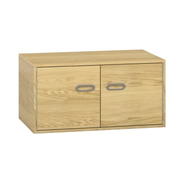 Ein rechteckiger Holzschrank mit zwei Türen, die jeweils mit einem ovalen Metallgriff versehen sind. Der Schrank hat eine helle Holzoberfläche und ein schlichtes, modernes Design.