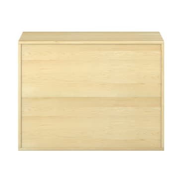 Eine rechteckige Kommode aus hellem Holz mit zwei breiten Schubladen, von vorne gesehen vor einem weißen Hintergrund. Die Oberfläche und die Seiten sind glatt, ohne sichtbare Griffe oder Verzierungen.