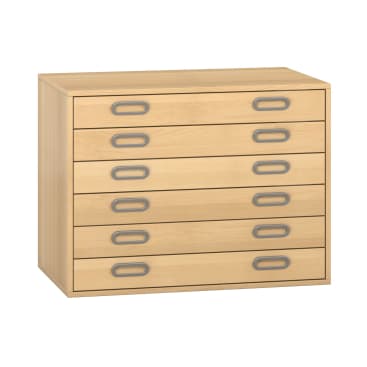 Ein Schrank mit fünf Schubladen aus hellem Holz und Metallgriffen an jeder Schublade, fotografiert vor einem weißen Hintergrund.