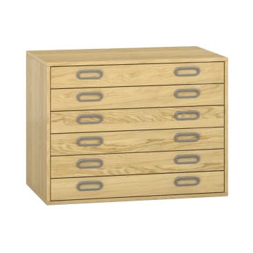 Ein flacher Aktenschrank aus hellem Holz mit fünf breiten Schubladen, jede mit zwei ovalen grauen Griffen versehen, vor einem schlichten weißen Hintergrund.