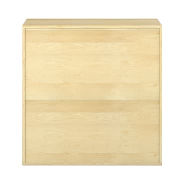 Heller, rechteckiger Holzschrank mit minimalistischem Design und zwei breiten Schubladen. Die Fronten sind glatt, ohne sichtbare Griffe oder Beschläge. Der Hintergrund ist schlicht weiß.