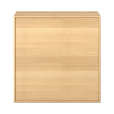 Ein rechteckiger Schrank aus hellem Holz mit flacher Oberseite, glatter Front und ohne sichtbare Griffe oder Beschläge, fotografiert vor einem weißen Hintergrund.