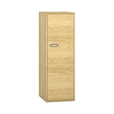 Ein eintüriger, rechteckiger Aufbewahrungsschrank aus hellem Holz mit einem grauen, ovalen Griff in der Mitte der Tür, abgebildet vor einem schlichten weißen Hintergrund.