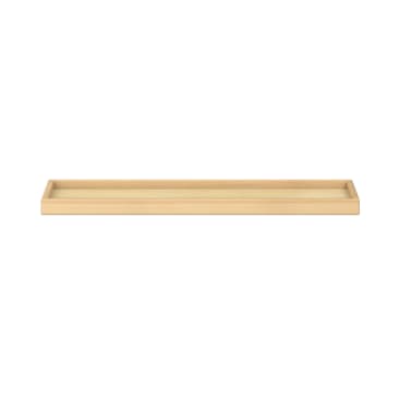 Ein rechteckiges Tablett aus hellem Holz mit erhabenen Rändern und einem flachen Boden, abgebildet auf weißem Hintergrund.