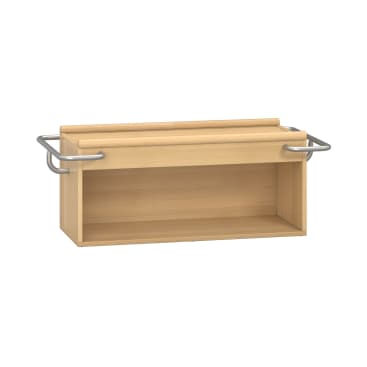 Rechteckiges Wandregal aus Holz mit offener Front, heller Holzoberfläche und Metallstäben an beiden Seiten. Das Regal hat ein einfaches, funktionales Design.