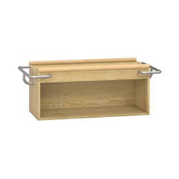 Ein rechteckiges Wandregal aus Holz mit offener Vorderseite und Metallstäben auf jeder Seite, das zur Aufbewahrung oder Präsentation dient.