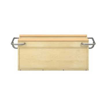 Rechteckige Aufbewahrungsbox aus hellem Holz mit Scharnierdeckel, Metallgriffen an beiden Seiten und sichtbaren Schrauben an der Unterkante, von vorne gesehen.