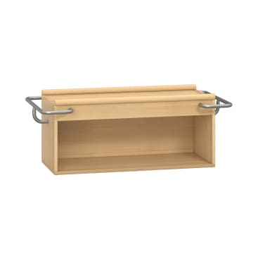 Ein rechteckiges Wandregal aus Holz mit offener Vorderseite und Metallstäben an den Seiten, das zur Aufbewahrung oder zur Präsentation dient.