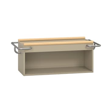 Ein rechteckiges beigefarbenes Regal mit offener Front, zwei Holzstäben oben und Metallgriffen an beiden Seiten. Das Design wirkt minimalistisch und funktional.