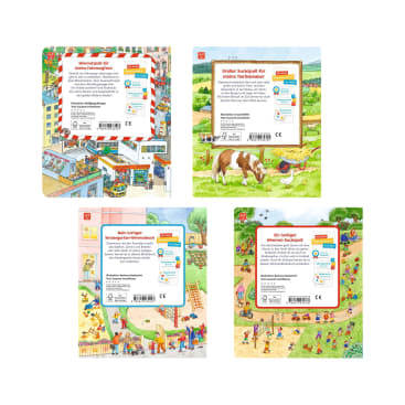 Abgebildet sind vier illustrierte Kinderbuchumschläge mit bunten Szenen von Aktivitäten im Freien und im Haus. Weiße Rechtecke mit deutschem Text und Strichcodes erscheinen auf der Rückseite jedes Buches. Auf den Hintergründen sind Tiere, Spielplätze und belebte Straßen abgebildet.