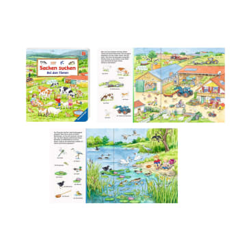 Vier Bilder zeigen Seiten aus einem deutschen Kinderbuch über Tiere. Das Cover zeigt Illustrationen von Bauernhoftieren. Die Innenseiten zeigen bunte Bauernhof- und Teichszenen mit beschrifteten Tierzeichnungen und Suchaufgaben.