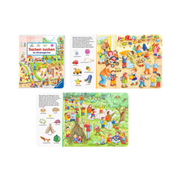Drei illustrierte Seiten aus einem deutschen Kinderbuch mit dem Titel Sachen suchen im Kindergarten, die geschäftige Szenen von Kindern und Erwachsenen bei verschiedenen Aktivitäten drinnen und draußen zeigen.