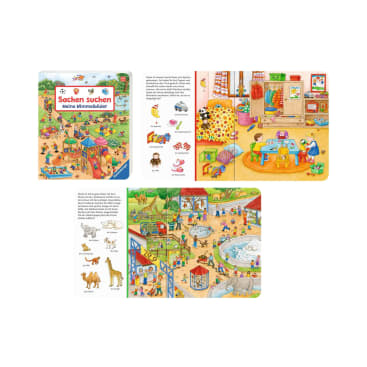 Vier Bilder zeigen Seiten aus einem deutschen Bilderbuch für Kinder. Die Seiten zeigen farbenfrohe, detaillierte Illustrationen von Innen- und Außenszenen, Tieren und Gegenständen, mit Text und beschrifteten Elementen auf Deutsch.