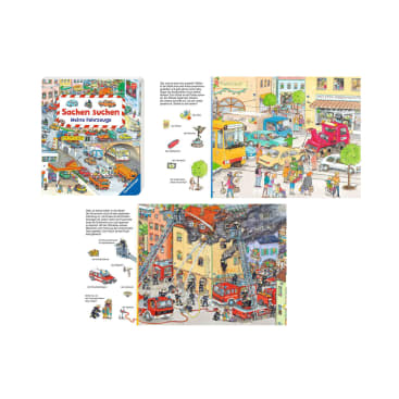 Vier illustrierte Seiten aus einem deutschen Kinderbuch über Fahrzeuge, die belebte Stadtszenen mit verschiedenen Autos, Bussen, Feuerwehrautos, Menschen und beschrifteten Gegenständen zeigen. Der Umschlag trägt den Titel "Sachen suchen - Meine Fahrzeuge".