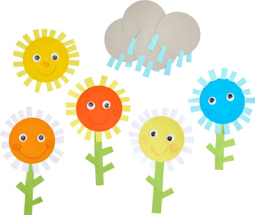 Fünf bunte Papierblumen mit lächelnden Gesichtern und Kulleraugen, Stängeln und Blättern sind auf einem weißen Hintergrund angeordnet. Drei graue Papierwolken mit blauen Regentropfen befinden sich über den Blumen.