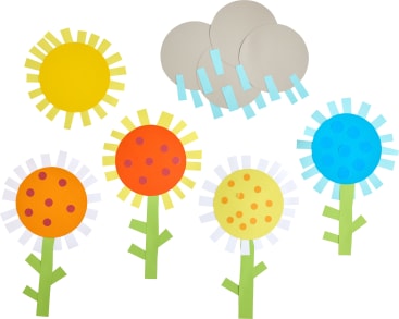 Auf einem weißen Hintergrund sind Papierausschnitte einer Sonne, Wolken mit Regen und sechs stilisierte Blumen in verschiedenen Farben angeordnet. Die Blumen haben runde Zentren mit Punkten und rechteckige Blütenblätter und Stängel.