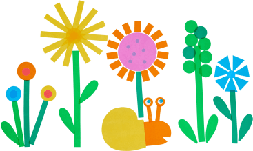 Eine bunte Papiercollage mit fünf stilisierten Blumen in verschiedenen Formen und Farben und einer gelben und orangefarbenen Schnecke in der Mitte, alles auf weißem Hintergrund.