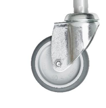 Nahaufnahme eines einzelnen grauen Laufrads mit einer Metallhalterung, das an der Unterseite eines Geräts befestigt ist, vor einem weißen Hintergrund.