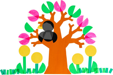 Eine collageartige Illustration eines braunen Baumes mit rosa Blüten, grünen Blättern und einem schwarzen Vogel auf einem Ast. Gelbe runde Blumen und grünes Gras befinden sich am Fuße des Baumes.