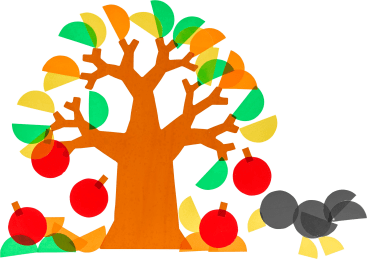 Eine abstrakte Illustration eines Baumes mit braunem Stamm, bunten, sich überlappenden Blättern und roten, kreisförmigen Früchten. Drei graue Kreise, die Felsen ähneln, befinden sich auf dem Boden rechts vom Baum.