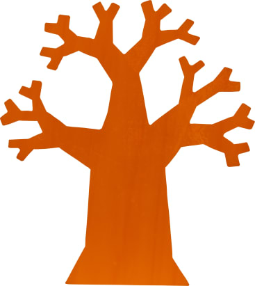 Eine einfache Illustration eines Orangenbaums mit einem dicken Stamm und mehreren kahlen, verzweigten Ästen, ohne Blätter oder zusätzliche Details.