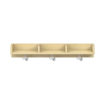 Ein wandmontiertes Regal aus hellem Holz mit drei offenen Fächern und drei darunter angebrachten Metallhaken. Der Hintergrund ist einfarbig weiß.