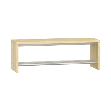 Eine Bank aus hellem Holz mit rechteckiger Platte und Seiten, mit einer einzigen unteren Ablage aus horizontalen Metallstäben. Das Design ist einfach und modern.